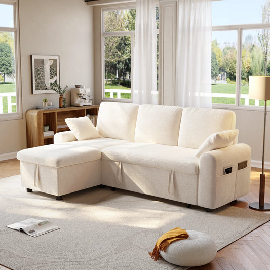 L Shaped Sleeper Sofa, 85" Pull Out Couch Bed with Storage Chaise, 2 in 1 Sectional Sofa Couch with Pullout Bed & 2 Pillows