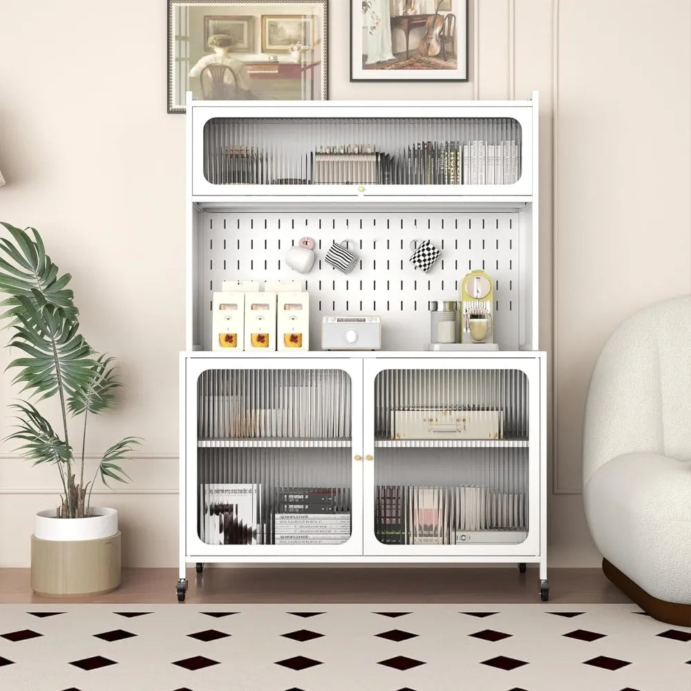 Kitchen Bakers Rack with Flip Door Cabinet, Metal Microwave Stand with Storage Cabinet and Metal Pegboard Panels for Kitchen
