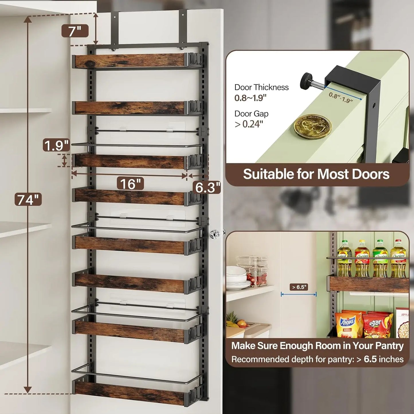 8 Tier Over The Door Pantry Organizer, 2 IN 1 Wall Mount or Metal Hanging Spice Rack for Pantry Organizers and Storage