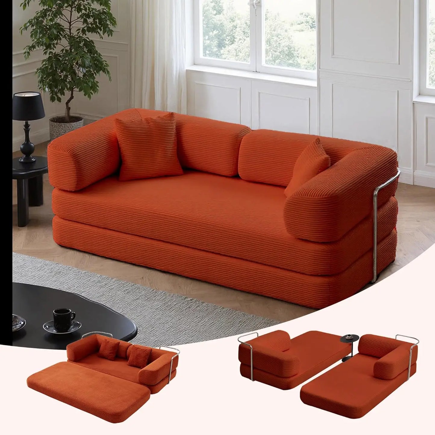 Sleeper Sofa Bed,4-in-1 Convertible Folding Boneless Couch,Foldable Love Seat with Blanket Pillow Corduroy Floor Futon Couch