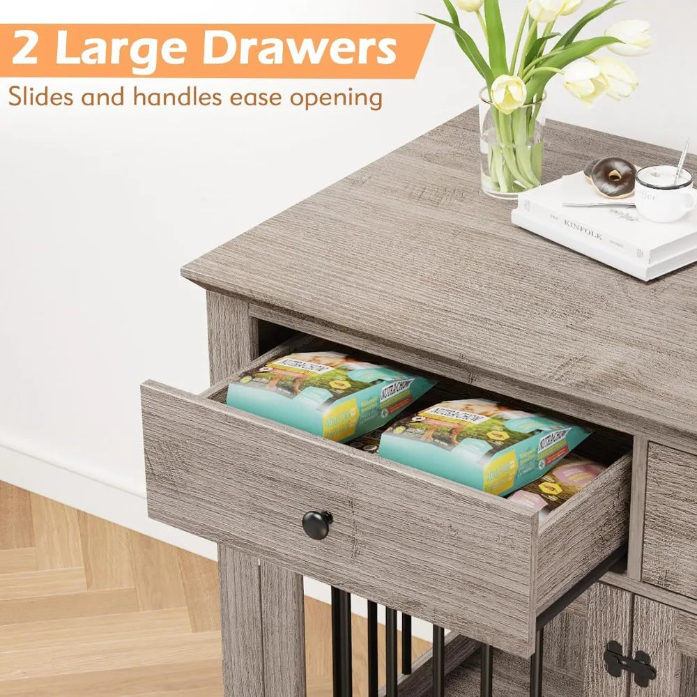 Large Wooden Dog Crate with Storage Drawers, 46 Inch Heavy-Duty Indoor Dog Kennel Furniture