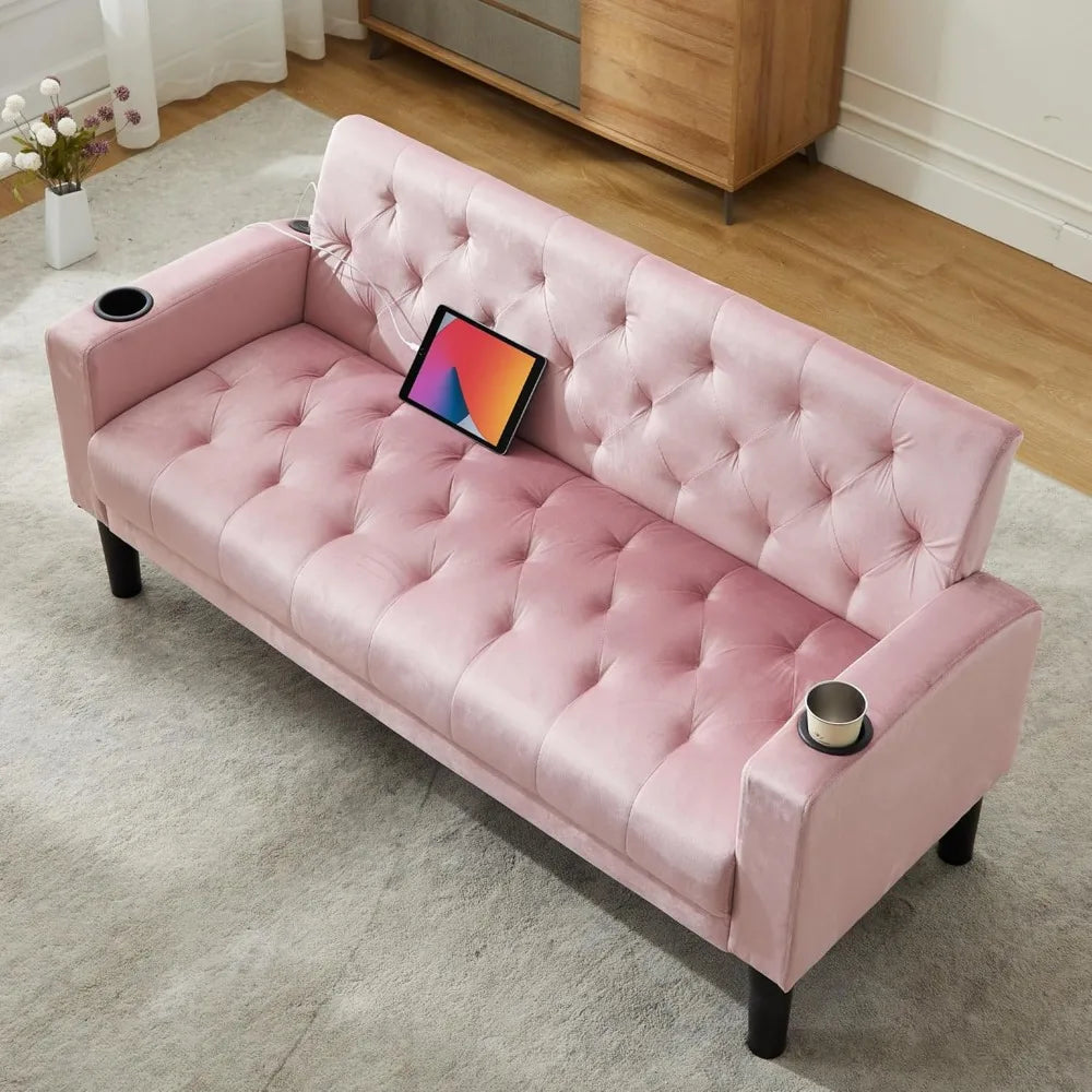 62" W Loveseat Sofa w/ 2 USB Charger Ports and 2 Cupholders, Mid-Century Modern Tufted Pink Velvet Small Love Seat Couches for