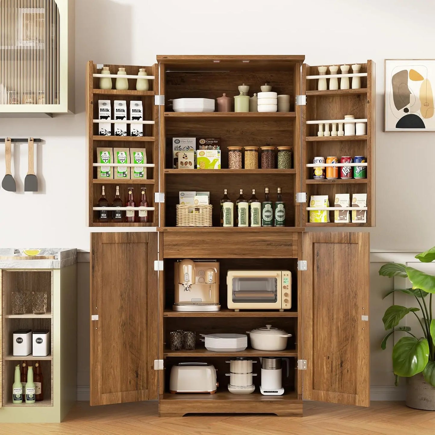Kitchen Pantry Cabinet, Freestanding Farmhouse Storage Cabinet with 8 Door Shelves, 2 Cabinets and 1 Drawer