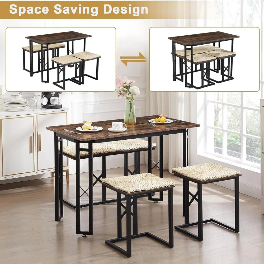 43.3" Dining Table Sets, Farmhouse Kitchen Table for 4 with 3 Seats & Wicker Seat Cushions,Metal Frame Space-Saving Adjustable