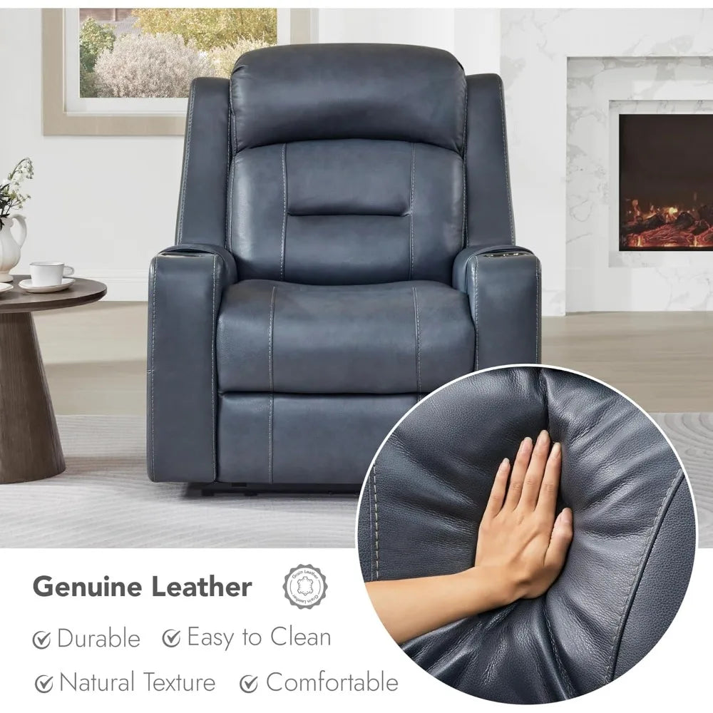 Genuine Leather Power Recliner Chairs for Adults, Lay Flat Recliner with Power Headrest, USB Ports and Cup Holders