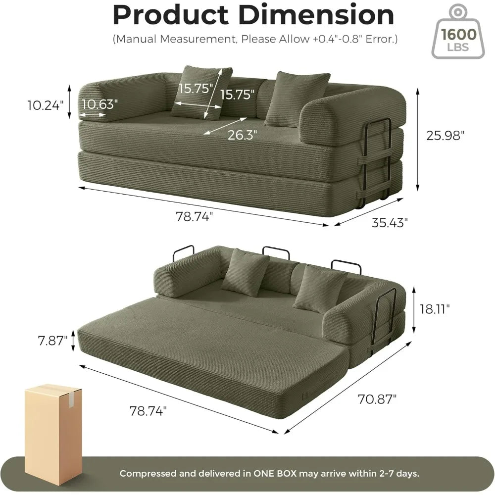 79" Compression Sofa, Convertible Sleeper Sofa Bed, Couch Bed with Fixed-Shape Frame, Corduroy Floor Sofa, Couches for Living Ro