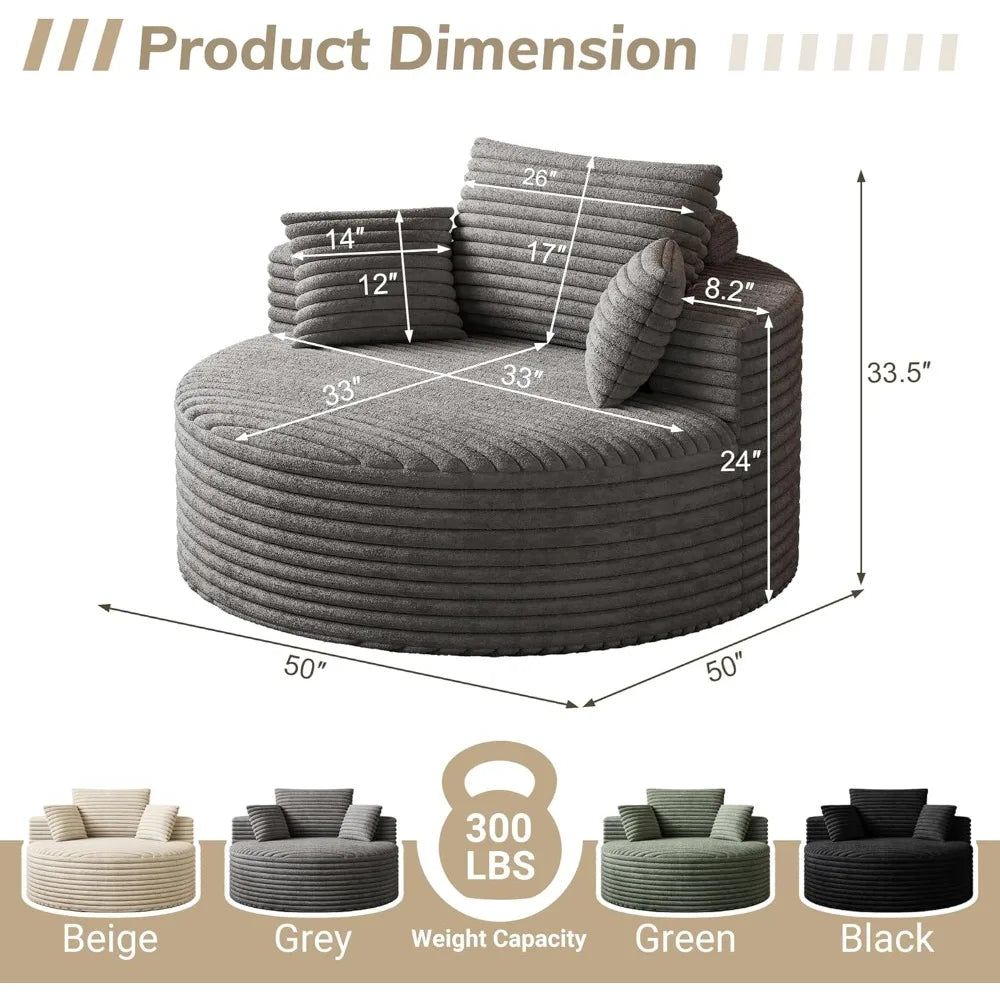 50" Oversized Round Chair Lounge Chaise Indoor, Upholstered Corduroy Sofa with Deep Seat, Single Circle Sofa Chair for Living