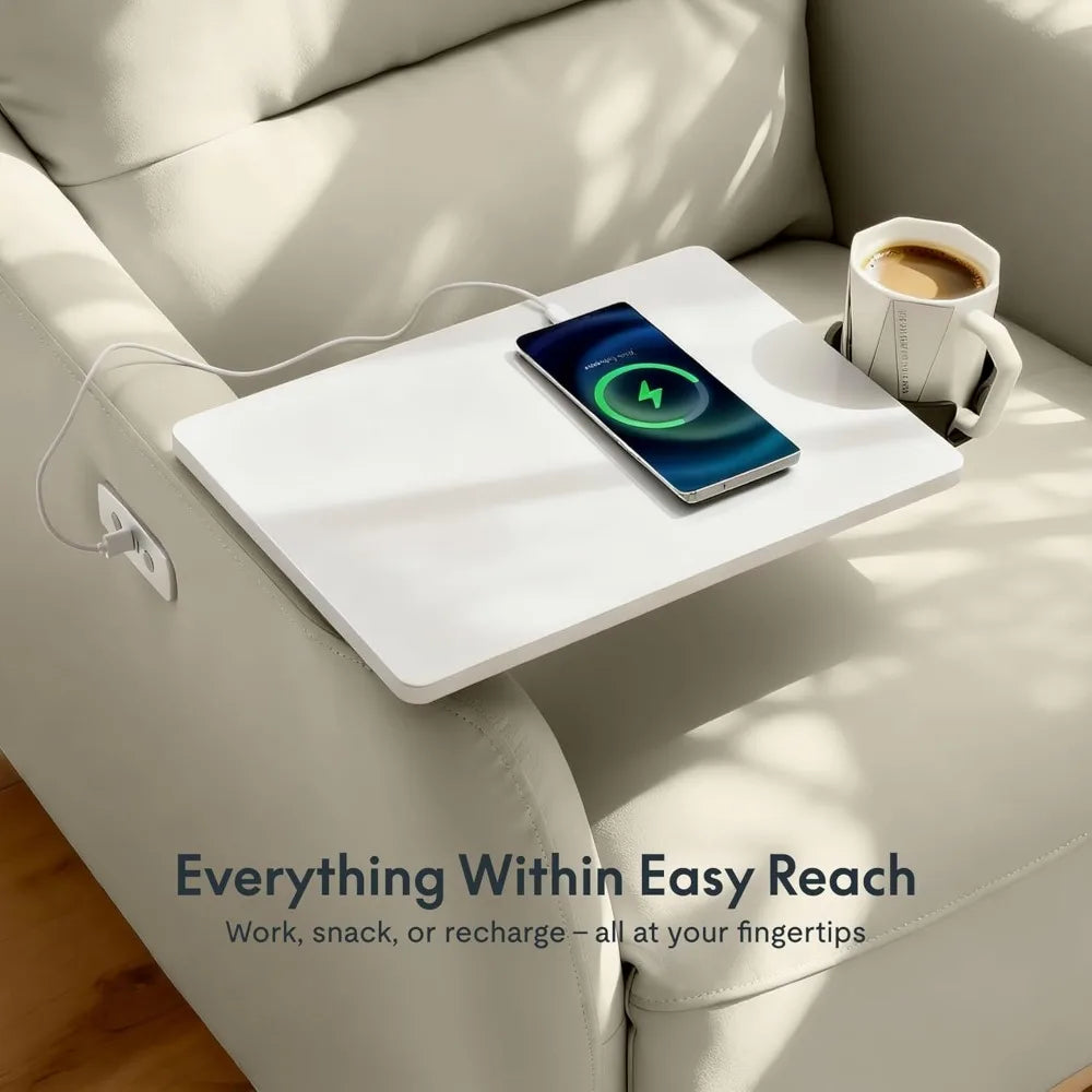 Lune Genuine Leather Power Recliner Chair with Tray Table & Adjustable Headrest, Real Leather Electric Recliner