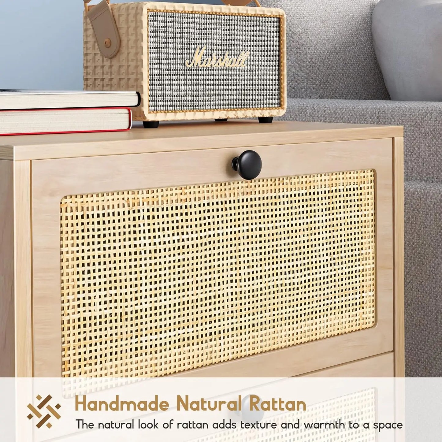 Natural Rattan Nightstand Set of 2, Boho Night Stand with Drawers, Bedside Table Accent Cane End Table Side Table for Bedroom L