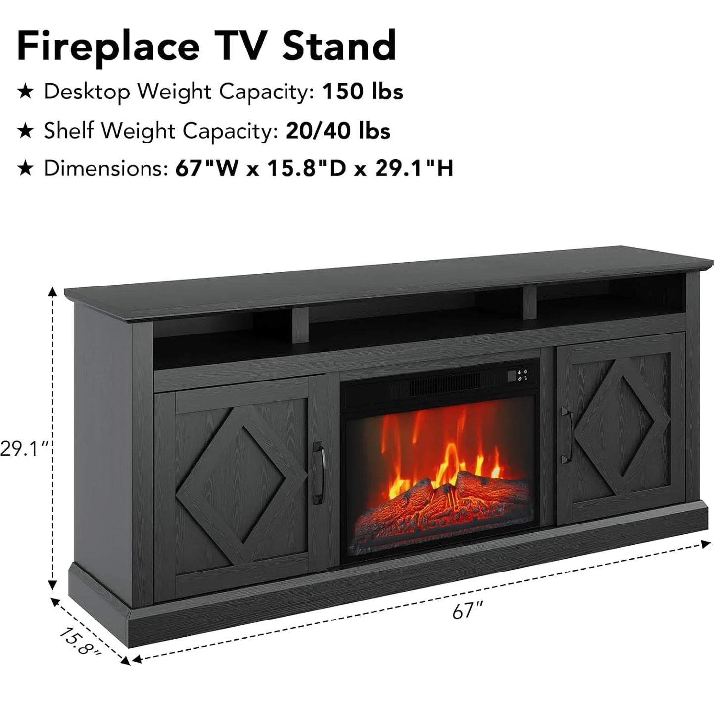 67" TV Stand With 23" Electric Fireplace 3D Flame Remote Control & Storage Cabinets Modern Entertainment Center For Home Decor