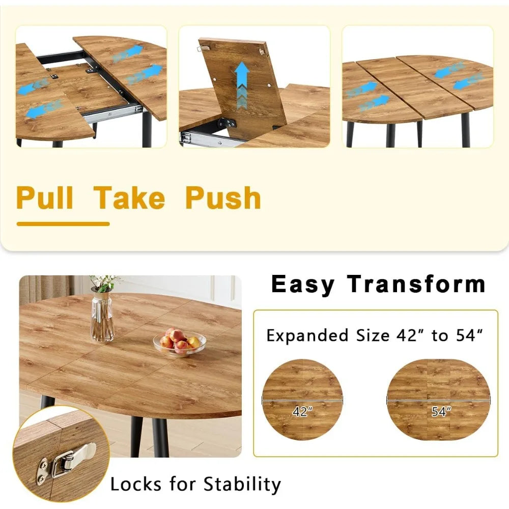 Wood Dining Table Set for 6｜ 42" Round to 54" Oval Dining Table Set for 6｜Wood Extendable Dining Room Table with Thick Cushion