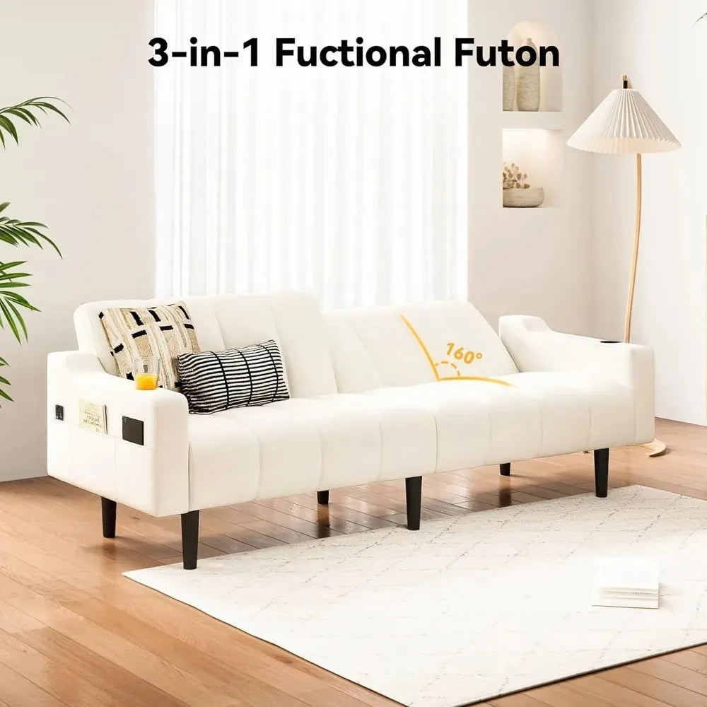 80'' Futon Sofa Bed, Faux Leather Sleeper Couch, Convertible Loveseat with Adjustable Sofa Backrest, Modern Couches for Living