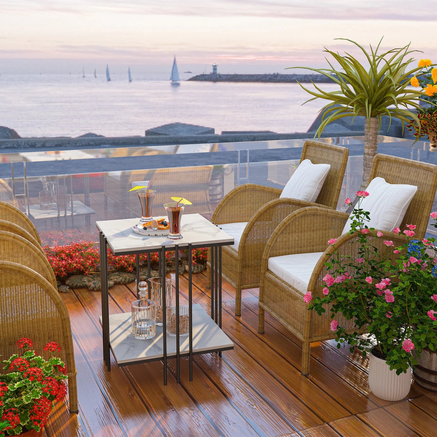 2-Tier Marble Sofa Side Table Coffee Table Modern Square Black Metal Frame for Living Room Accent