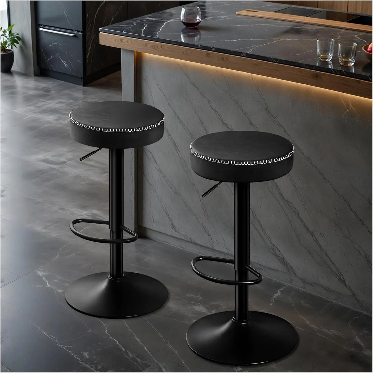 Adjustable Bar Stools Set of 2 Backless Kitchen Barstools with Round Seat 360°Swivel Counter Height Bar Stools Modern Microfiber