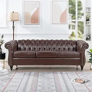 Chesterfield Sofas, 85" PU Couch,Tufted 3 Seats Living Furniture with Rolled Arm Stud Trim and Solid Wood Legs, Mid-Century Sofa