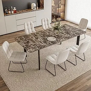 Extendable Dining Table Set for 6-8 People, 63 to 78.7 Inch MDF Kitchen Table with 6 Upholstered Chairs, Space-Saving for Dining