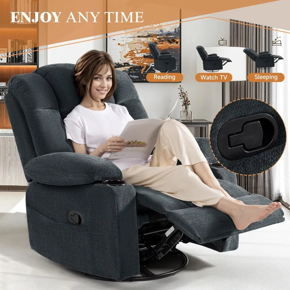 Swivel Rocker Recliner Chair for Adults, Manual Glider Reclining Sofa with Massage & Heat, 360° Swivel Rocking Chair