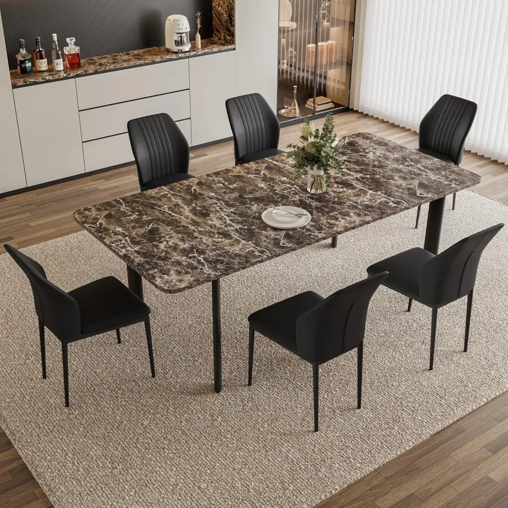 Extendable Dining Table Set for 6-8 People, 63 to 78.7 Inch MDF Kitchen Table with 6 Upholstered Chairs, Space-Saving for Dining