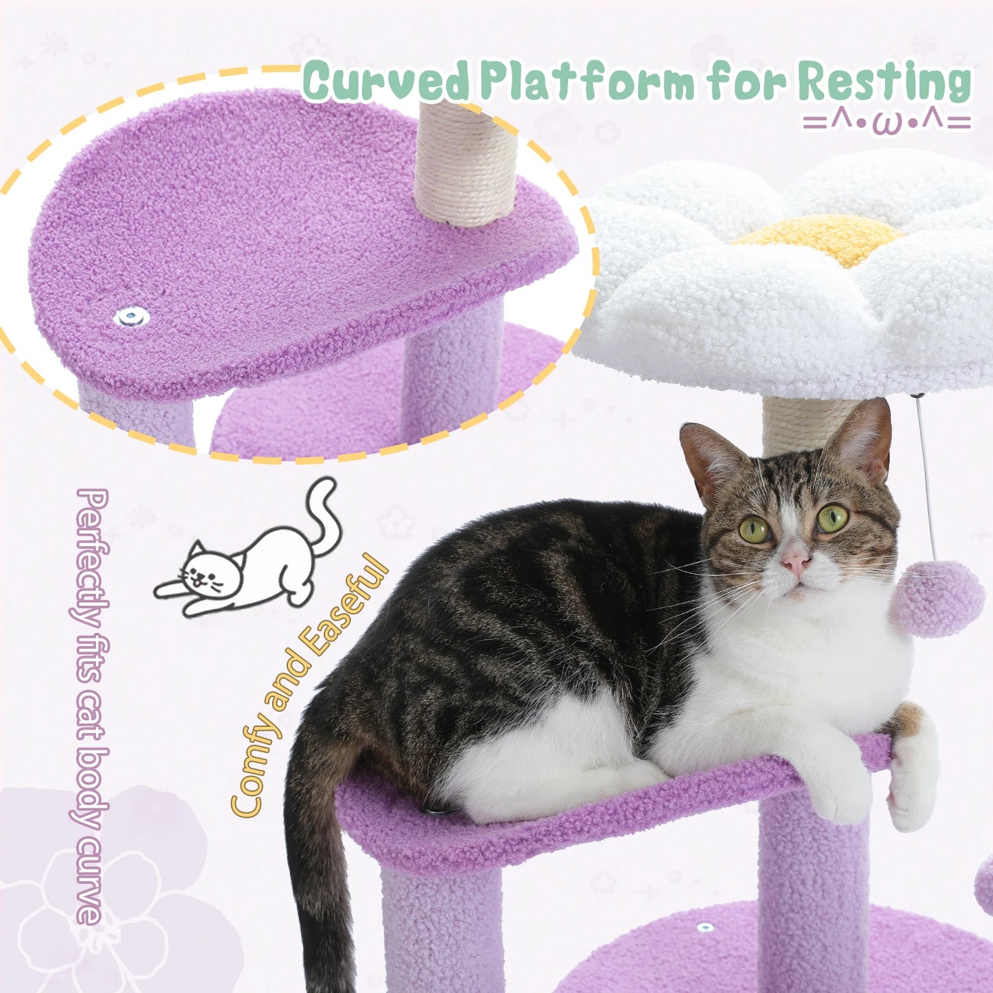 Flower Cat Tree for Indoor Cats, Small Cat Tower with Sisal Scratching Post, Soft Condo, Plush Perches, Fluffy Balls, Cat Toys