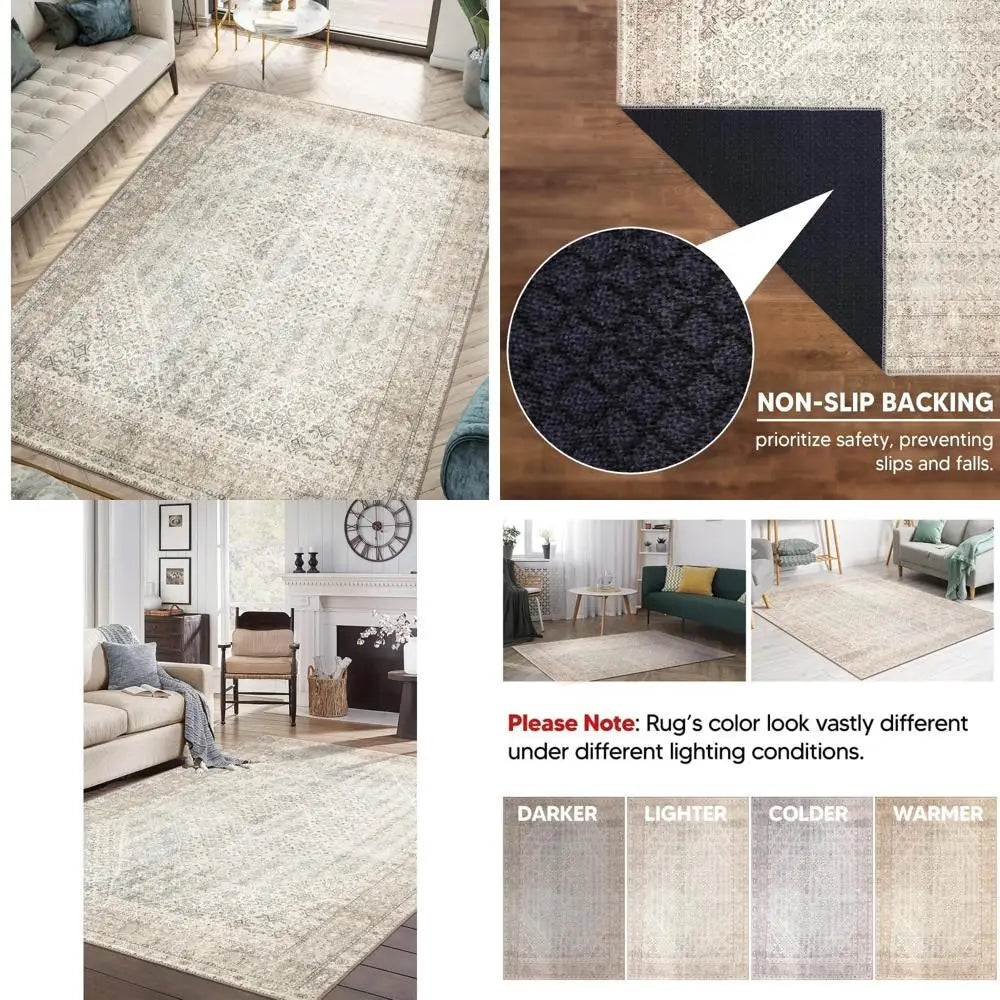 "8x10 Machine Washable Rug with Non-Slip Bottom - Perfect for Living, Dining, and Bedroom Spaces - Vintage Style, Easy to Clean"