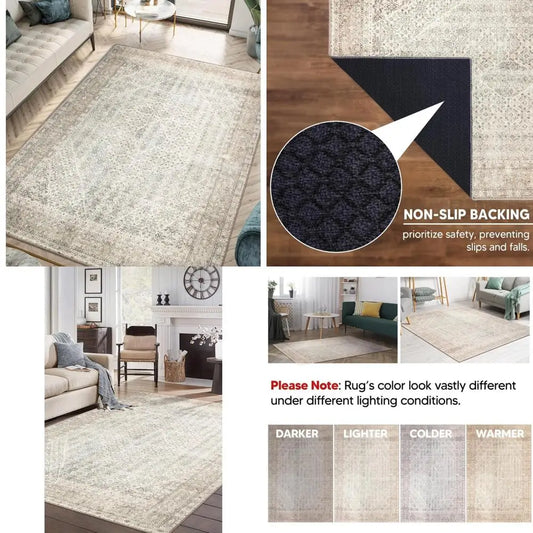 "8x10 Machine Washable Rug with Non-Slip Bottom - Perfect for Living, Dining, and Bedroom Spaces - Vintage Style, Easy to Clean"