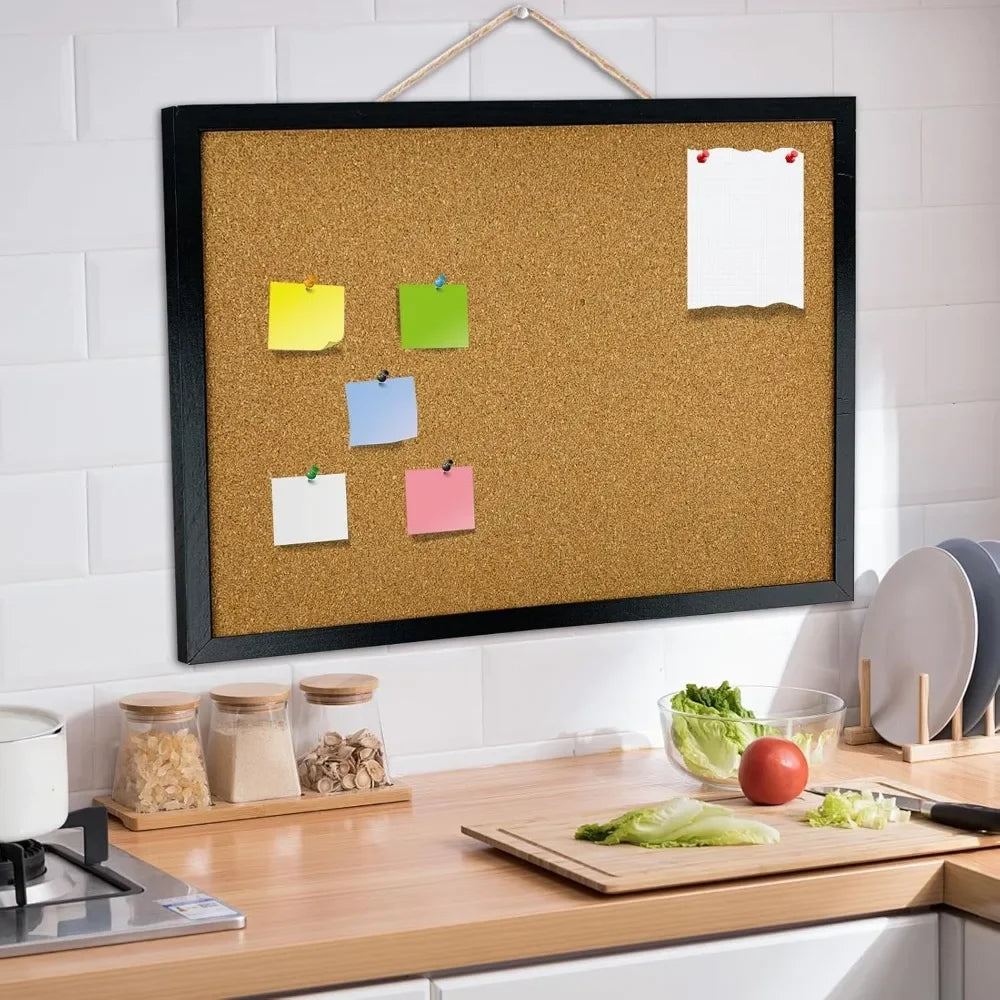 Black Cork Bulletin Board, 17.7 X 13.3 inches with Oak Wood Finish Frame, for Wall Office Home and School