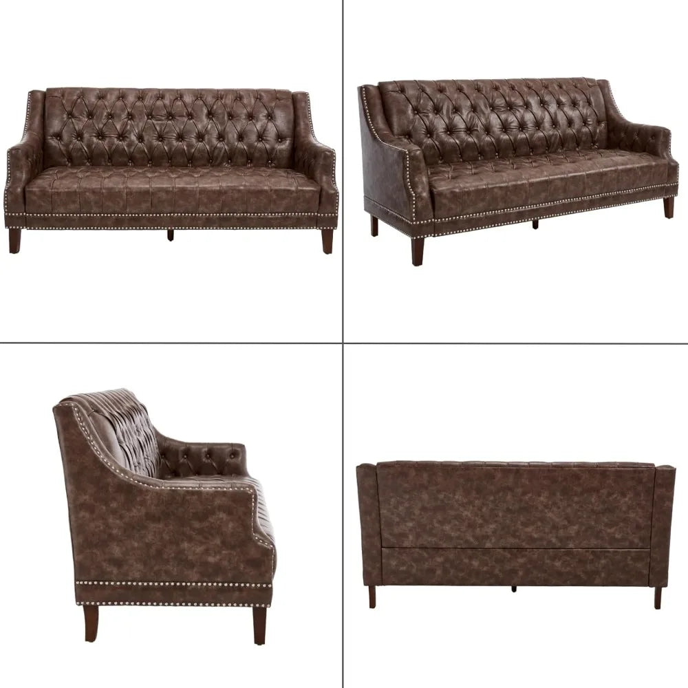 Mid Century Modern 74.5" Faux Leather Sofa, 3 Seater Tufted Upholstered Couch with High Back & Nailhead Trim, Chesterfield Sofa
