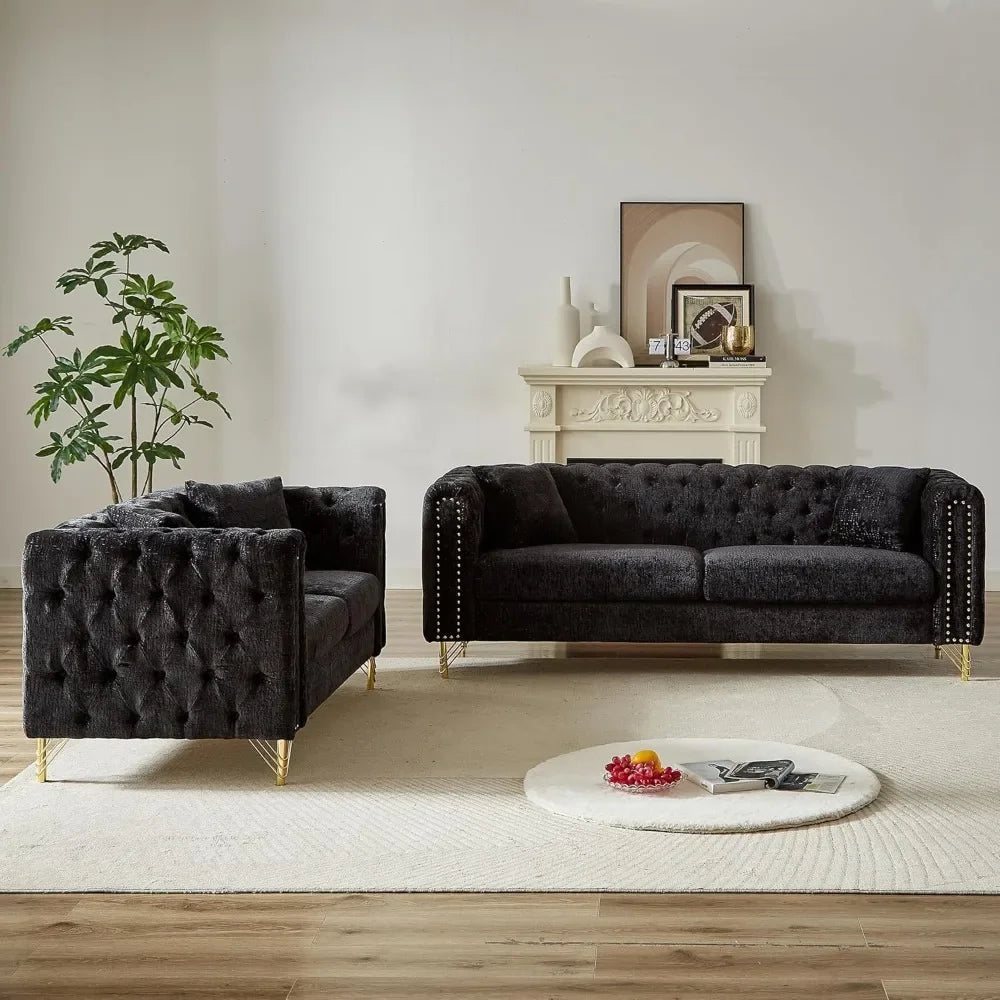 Luxury Sofa Set for Living Room, Modern Decor Furniture Sectional Sofa, 3 Seater Couch and Loveseat with Copper Nail Decoration