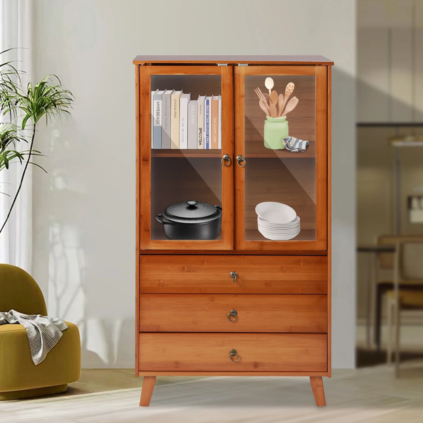 5-Tiers Bamboo Kitchen Buffet Hutch Storage Cupboard Cabinet 60*29*110cm Server Sideboard With Drawer