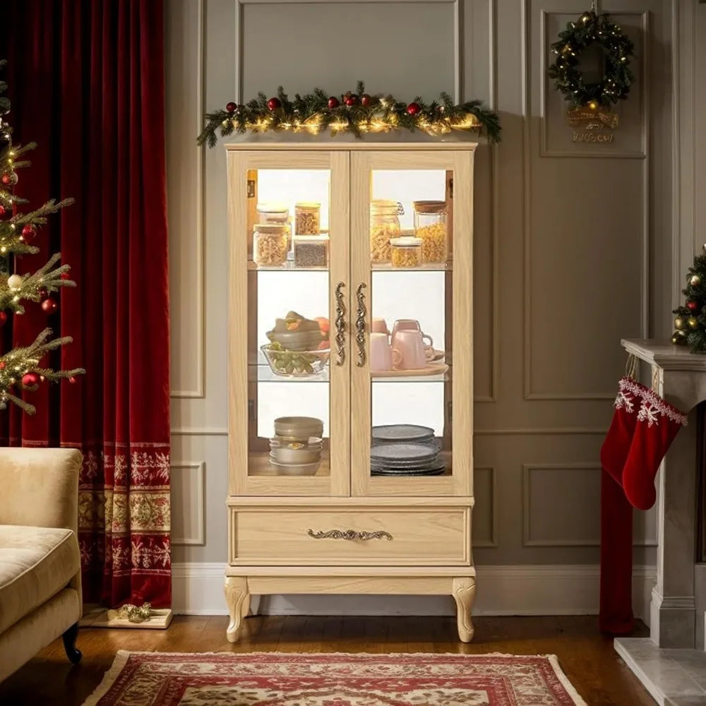 Lighted Curio Cabinet, 52" H Glass Display Cabinet with 3-Tier Adjustable Shelves, China Cabinet with Tempered Glass Doors for L