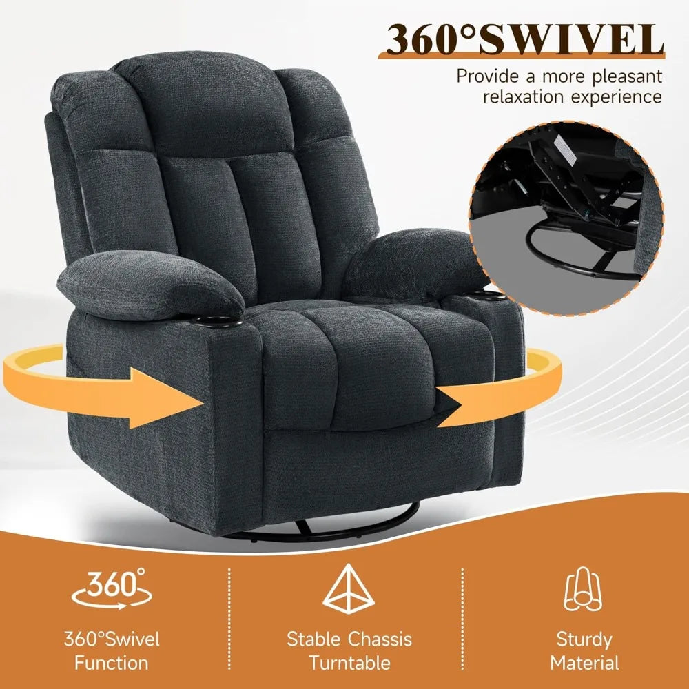 Swivel Rocker Recliner Chair for Adults, Manual Glider Reclining Sofa with Massage & Heat, 360° Swivel Rocking Chair