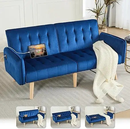 65“ Convertible Futon Sofa Bed w/ 2 USB, Upholstered Tufted Small Adjustable Folding Couch Loveseat, Modern Mid Century Sleeper
