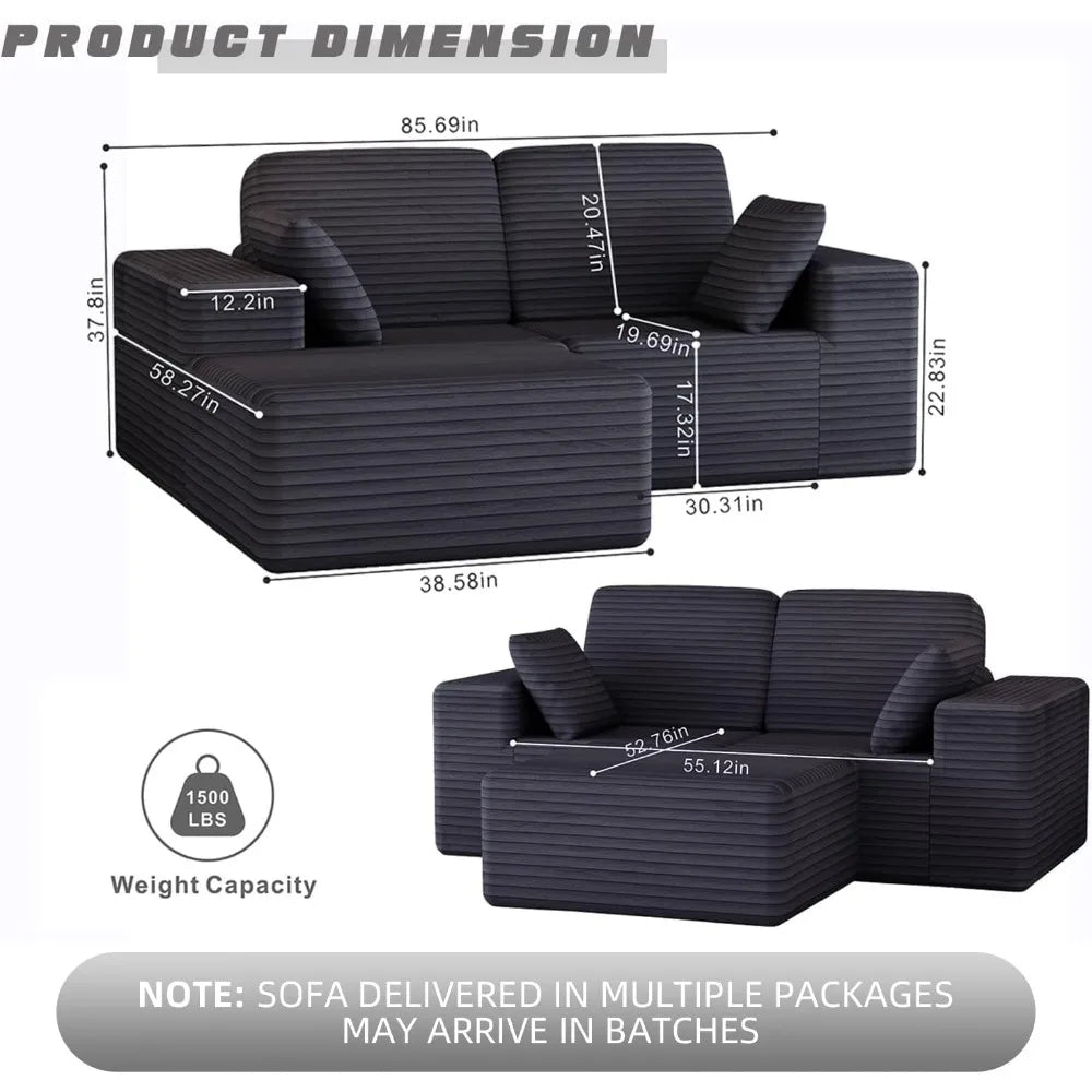 Boneless Couch with Ottoman, Cloud Sofa Modular Sectional Small L-Shaped Sofa, Memory Foam Couch, Upholstered Couches