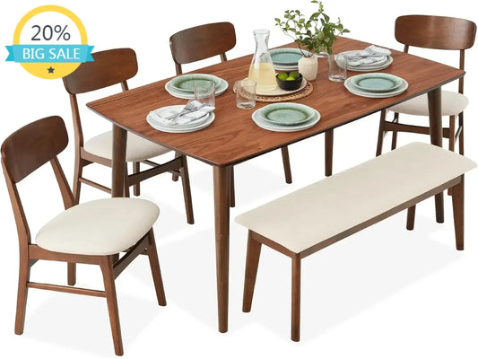 6-Piece Wooden Dining Set, Mid-Century Modern Table & Upholstered Chair Set w/Bench Seat, Rubberwood Legs - Brown/Cream