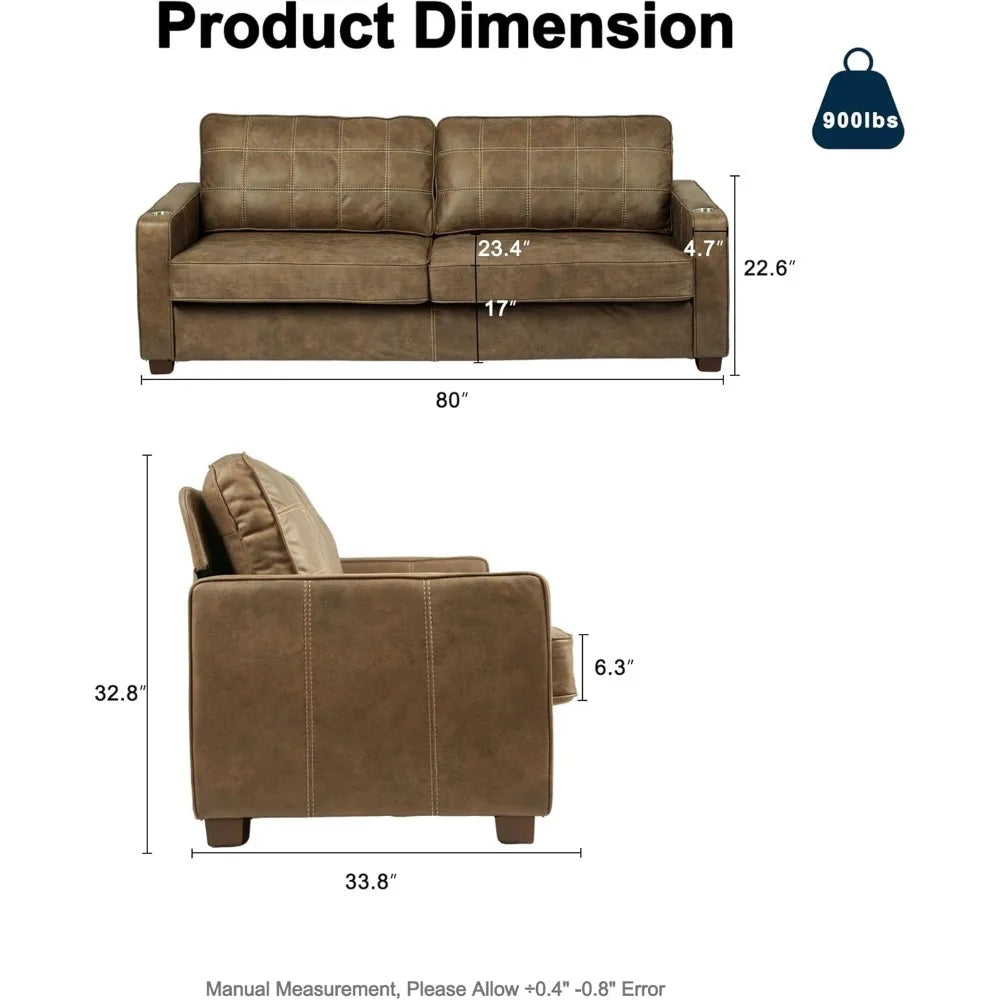 80 Inch Brown Faux Leather Sofa Couch (2 Sets) - Wide Armrests with 2 Built-in Cup Holders, Deep Seats, Contrast Stitching