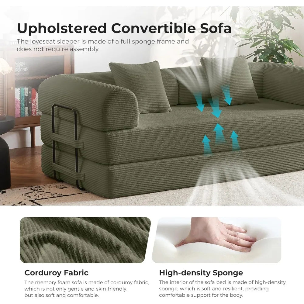 79" Compression Sofa, Convertible Sleeper Sofa Bed, Couch Bed with Fixed-Shape Frame, Corduroy Floor Sofa, Couches for Living Ro
