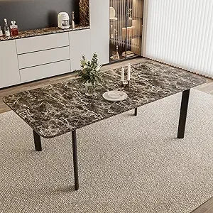 Extendable Dining Table Set for 6-8 People, 63 to 78.7 Inch MDF Kitchen Table with 6 Upholstered Chairs, Space-Saving for Dining