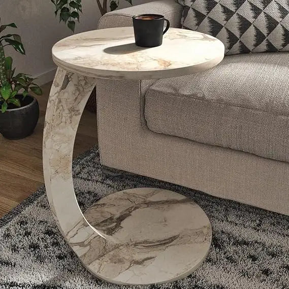 C Shaped End Table for Couch Small Places, Faux Marble White Space Saver Round Side Table for Sofa and Bedside with Wheels, Coff