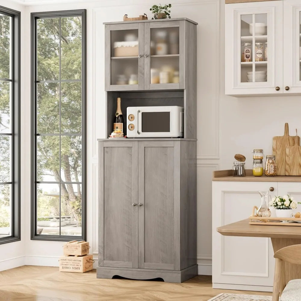 71'' Pantry Cabinet, Tall Storage Cabinet with Microwave Stand, Freestanding Kitchen Hutch with Doors and Adjustable She