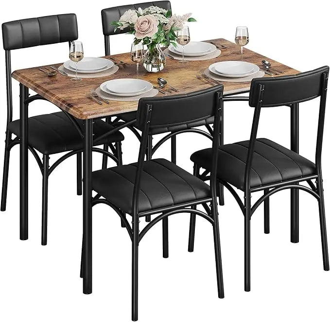 4 Person Dining Table Set with Cushioned Chairs, Kitchen Dining Table Set, Metal and Wood Rectangular Dining Table