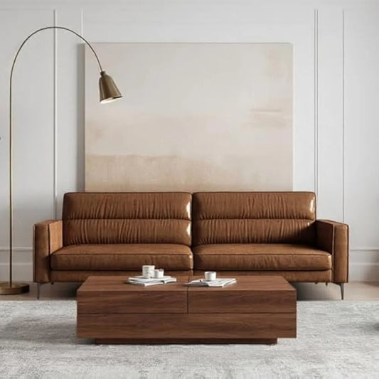 Mid-Century 3-Seater Leather Sofa with Removable Backrest and Cushions, Vintage Modern Lounge Couch for Office, Apartment