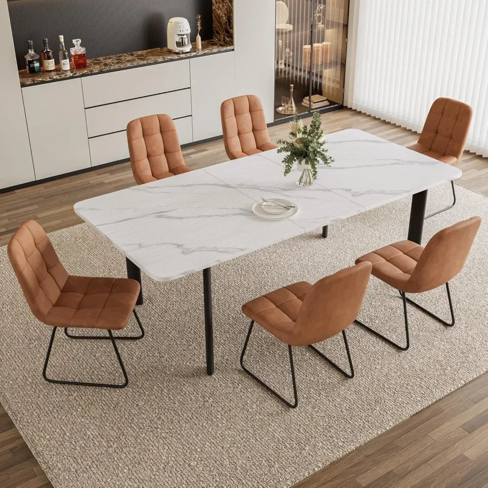 Extendable Dining Table Set for 6-8 People, 63 to 78.7 Inch MDF Kitchen Table with 6 Upholstered Chairs, Space-Saving for Dining
