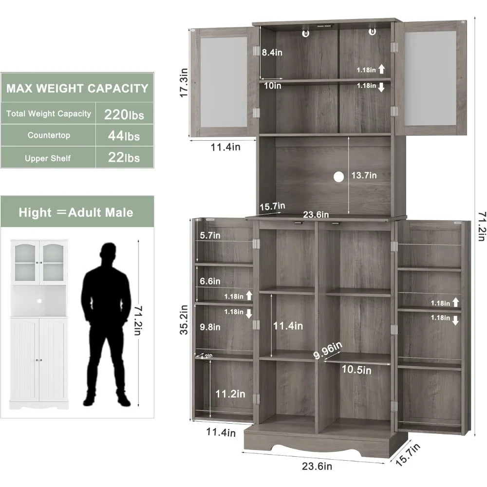 71'' Pantry Cabinet, Tall Storage Cabinet with Microwave Stand, Freestanding Kitchen Hutch with Doors and Adjustable She