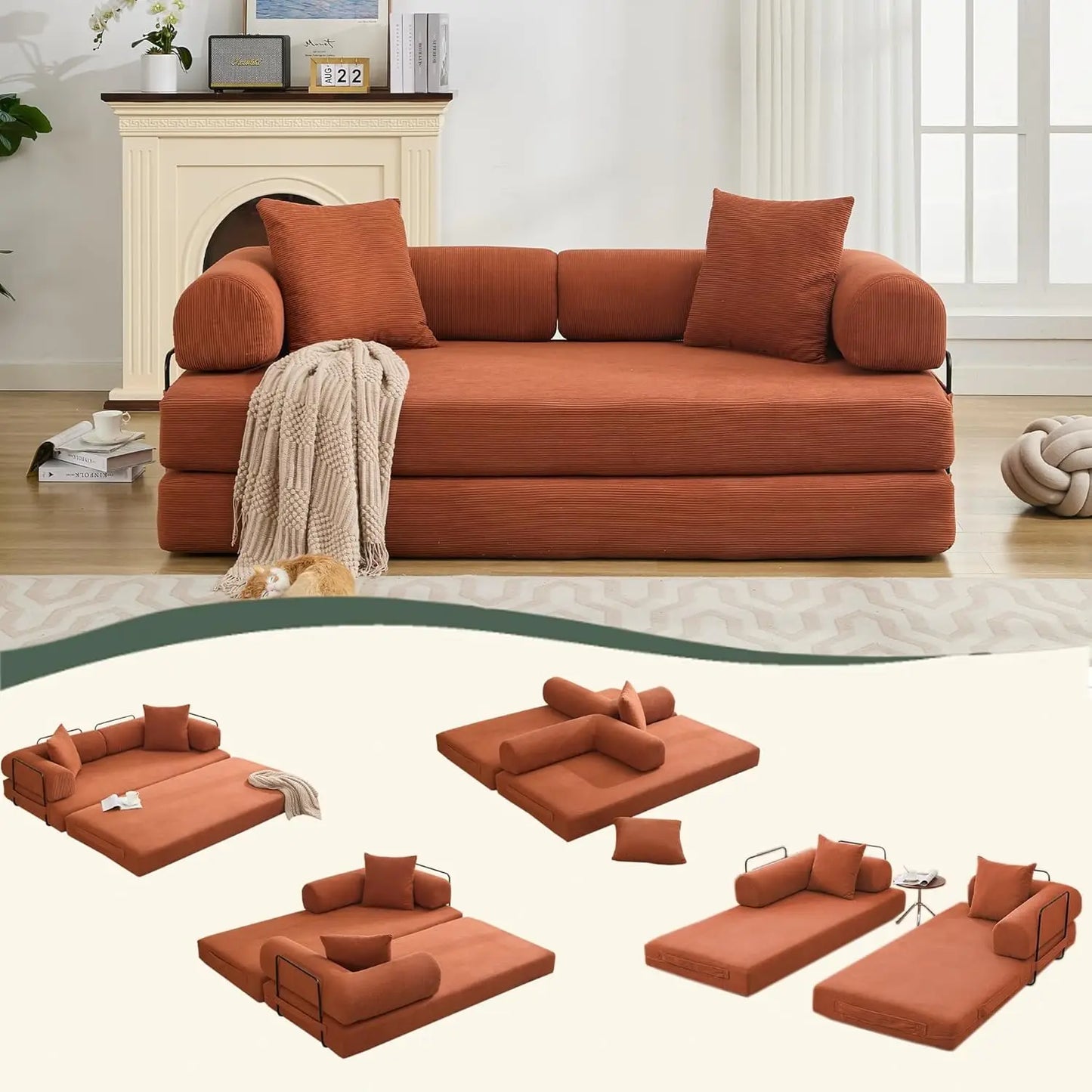 Sleeper Sofa Bed,4-in-1 Convertible Folding Boneless Couch,Foldable Love Seat with Blanket Pillow Corduroy Floor Futon Couch