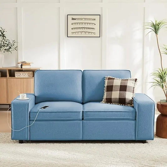 Sofa Couch with Seat Storage, Modern 2-Seater Sofa with Side Pockets & Type-C/USB Ports, Loveseat Sofa for Living Room, Office o
