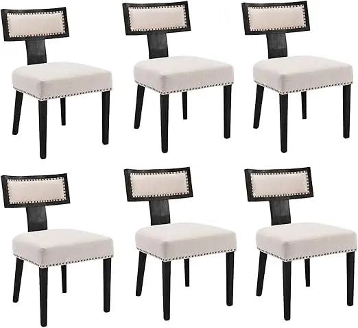 Mid Century Modern Dining Chairs Set of 6, Farmhouse Linen Fabric Upholstered Accent Curved Backrest Kitchen Chairs, with Ha