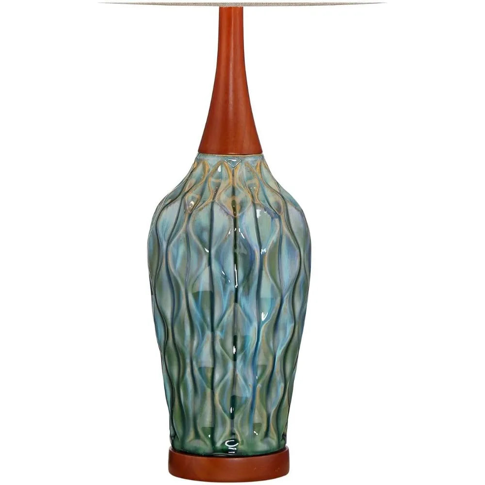 360 Lighting Rocco Mid Century Modern Table Lamp 30" Tall Ceramic Blue Teal Glaze Wood Handmade Linen Drum Shade Decor for Livin