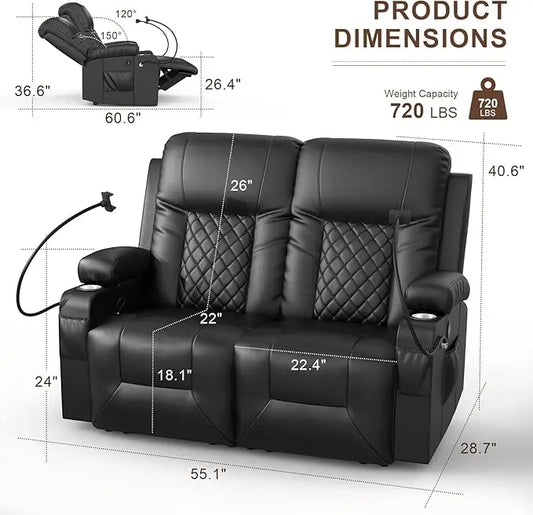 Loveseat Recliner Sofa, 2 Seater Reclining Loveseat sofa, PU Leather RV Loveseat Couch, FSC Certified Recliner Chair for Living