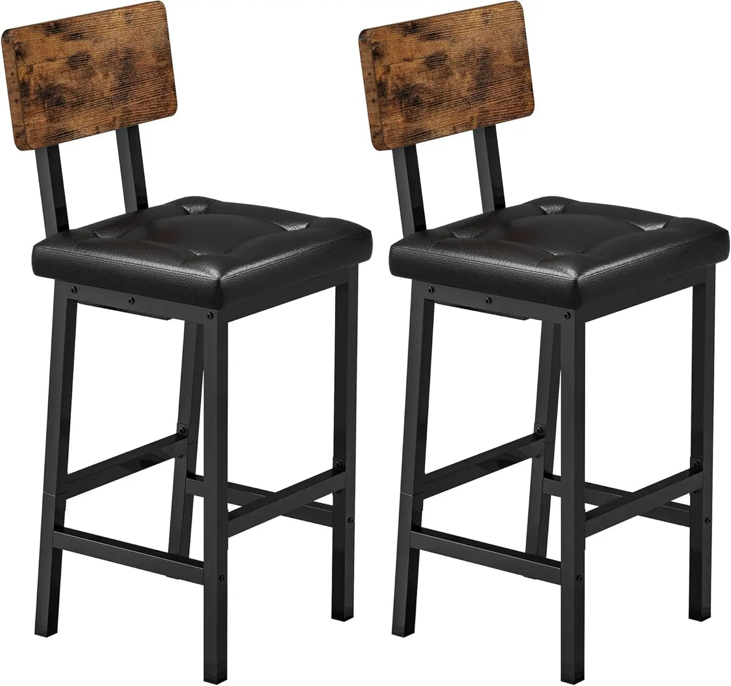 Bar Stools Set of 2, 16.5in Square PU Upholstered Barstools with Back and Footrest, Thick Cushion Stools for Kitchen Island