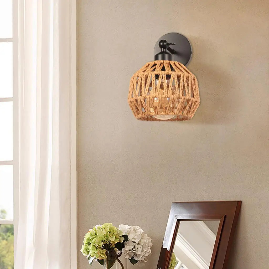Rattan Wall Lamp Bedroom Living Room Corridor Wall Light E27 Bedside Lamp Retro Hemp Rope Woven Sconce Indoor Lighting Fixtures